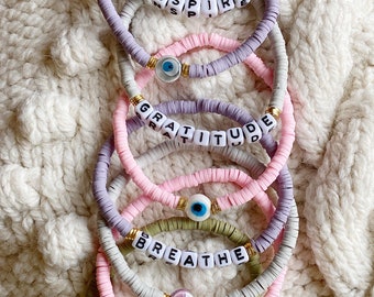 NEW mini Heishi word bracelets / ceramic evil eye bracelets / gifts / personalized bracelet / block letter bracelet / Heishi disc bracelet