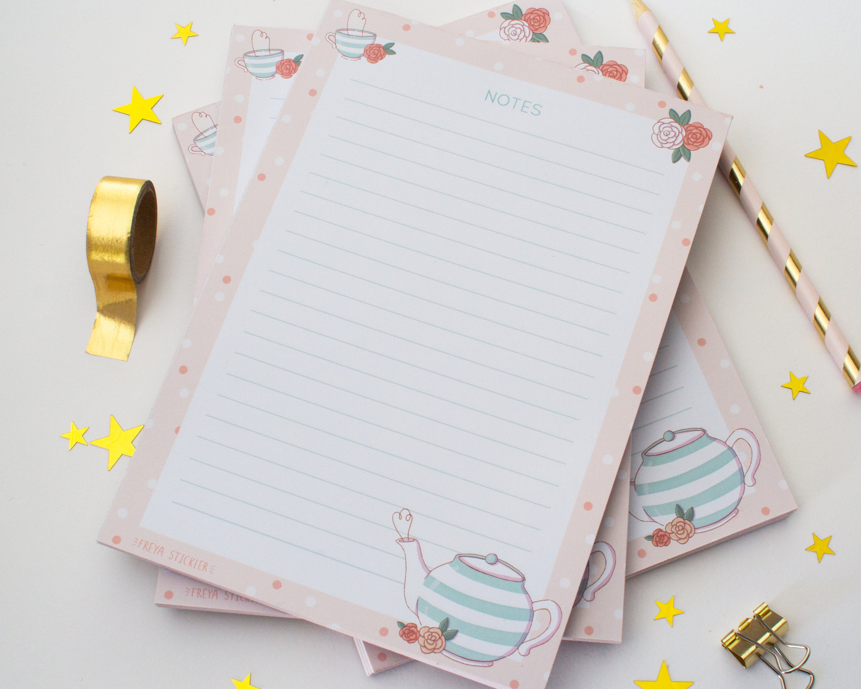 Bloc Notes - Thé et Roses Note Pad, Bloc Notes Illustré, Fait Main