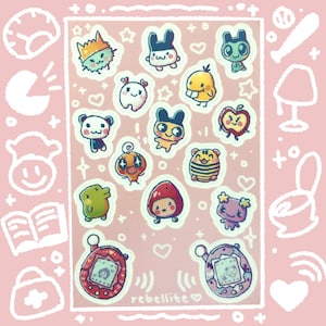 May include: A sheet of stickers featuring various cartoon characters and two Tamagotchi-style devices. The stickers are in a variety of colors, including blue, yellow, orange, and pink, with white outlines. The background is a light pink color.