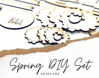 Spring DIY Kit SVG File|Laser Ready|Sheep|Flowers|Fence|Tiered Tray Set|Glowforge