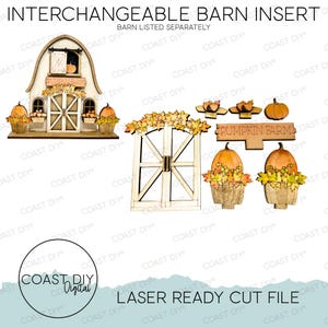 May include: An interchangeable barn insert set featuring laser-cut wooden pieces including a barn facade, double doors with autumn leaves, pumpkin planters, and a sign reading PUMPKIN FARM. The set includes various seasonal decorative elements.