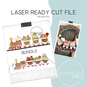 May include: A digital download SVG file for a Christmas train bundle. The train is made of gingerbread and has candy cane wheels. The train is decorated with red, green, and white. The file is laser ready and can be used to create a variety of crafts.