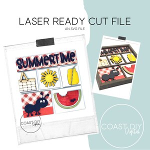 Könnte beinhalten: Eine Laser-Schneidedatei für ein sommerliches Holzschild. Das Schild zeigt ein rot-weißes Gingham-Muster, eine Sonne, eine Wassermelone, einen Picknickkorb, ein Einmachglas und eine Ameise. Das Schild sagt "Summertime".