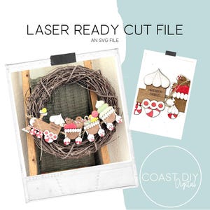 May include: A wooden gingerbread house train with red and white candy cane wheels and a gingerbread man conductor. The train is decorated with white icing and red candy. The train is on a brown wooden wreath with a brown background.