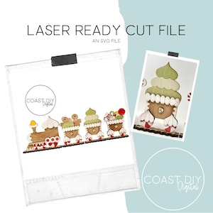 May include: A digital cut file for a Christmas train with a gingerbread engine, a green tree car, and a candy cane car. The file is laser ready and is an SVG file. The file is from Coast DIY Digital.
