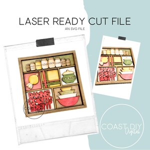 May include: A laser cut file for a baking themed shelf with jars, bowls, and the words "Baking Sprinkles Bright" in a wooden frame.