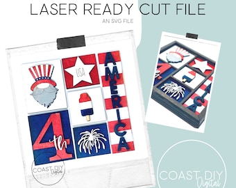 May include: A laser-cut file for a 4th of July themed craft project. The design includes a red, white, and blue color scheme with images of an American flag, fireworks, an ice cream cone, and the words "USA" and "America".