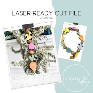 May include: A laser cut file for an Easter garland with a bunny, carrots, eggs, and leaves. The garland is made of wood and is painted in various colors, including pink, yellow, green, and brown. The file is available as an SVG file.