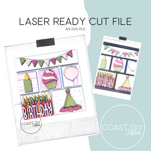 Happy Birthday Einsatz für austauschbare Schattenbox | Glowforge Ready | Laser Datei | Regal Sitter