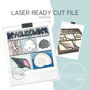 May include: A laser cut file for a beachcombing themed wood sign. The sign features the words "Beachcomber" in a decorative font, along with images of a seashell, starfish, sand dollar, and a seashell with a pink interior. The file is an SVG file and is ready to be cut on a laser cutter.