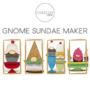 Könnte beinhalten: Vier digitale Schnittdateien für ein Gnome-Sundae-Maker-Bastelprojekt. Die Gnome sind als Eisbecher mit verschiedenen Toppings verkleidet. Die Dateien sind für die Verwendung mit einer Schneidemaschine bestimmt.