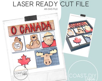 May include: A laser cut file for a wooden sign that says "O Canada" with a maple syrup bottle, beaver, lumberjack, moose, and Canadian flag. The file is an SVG file and is ready to be cut on a laser cutter.