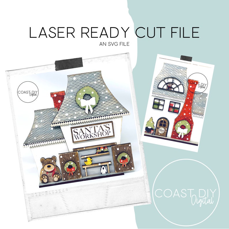 May include: A laser cut file for a Santa's Workshop Christmas house. The file includes a house with a chimney, a wreath, a sign that says "Santa's Workshop", and a window. The house is decorated with snow and a bear.