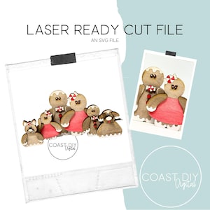 May include: Laser cut SVG file of a gingerbread family with a dog. The family consists of two adults and two children. The adults are wearing red and white candy cane accents. The children are wearing red and white candy cane accents. The dog is wearing a red and white candy cane accent. The file is ready to be cut on a laser cutter.