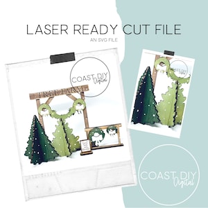 May include: A laser cut file for a Christmas tree farm sign with a wooden frame, wreaths, and trees. The sign reads "Tree Farm".