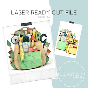 May include: A laser cut file design of a green and yellow backpack filled with school supplies, including pencils, paint, and books. The design includes the letters "ABC" and the words "NOTES" and "COAST DIY Digital".