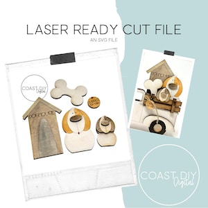May include: Laser cut file design for a dog house, bone, and three dogs. The design includes the text "Dog House" and "Puppies Ride".