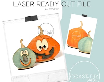 May include: Laser cut file for two pumpkins, one orange with a jack-o'-lantern face and one blue with a silly face. The file is an SVG file and is ready to be cut on a laser cutter.