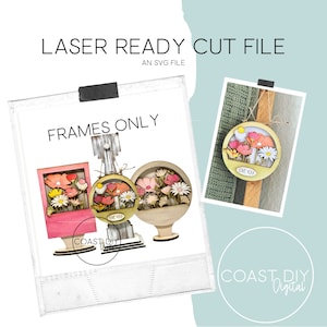 Może przedstawiać: Trzy drewniane ramki wycięte laserowo z kwiatowym wzorem. Ramki mają kształt kwadratu, koła i prostokąta. Ramki znajdują się na białym tle. Tekst "Frames Only" znajduje się w górnej części obrazu. Tekst "LOVE YOU" znajduje się w jednej z ramek.