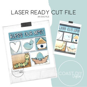 Könnte beinhalten: Ein digitaler Download einer Laser-Schneidedatei für ein Holzschild mit der Aufschrift "Bless Our Nest". Das Schild besteht aus neun Einzelteilen, darunter ein Herz, ein Vogel, ein Vogelhaus, eine Raupe und ein Nest mit einem Ei. Die Datei ist bei Coast DIY Digital erhältlich.