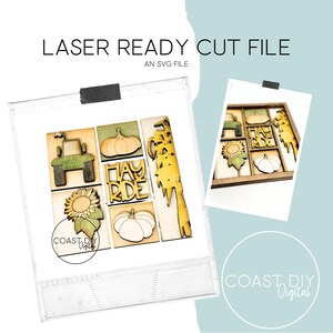 Könnte beinhalten: Ein Satz Laser-geschnittener SVG-Dateien für ein Bastelprojekt zum Thema Heufahrt. Das Design beinhaltet einen Traktor, Kürbisse, Sonnenblumen und die Worte "Hay Ride".