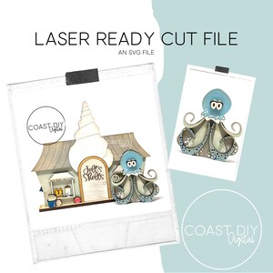 May include: A laser cut file design for a wooden craft project featuring a seashell shop with a sign that reads "Jell's Shells" and an octopus. The design is ready to be cut on a laser cutter.