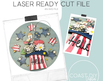 Patriotic Hat Doorhanger  | Stars | Independence Day  Laser Cut File | Florals