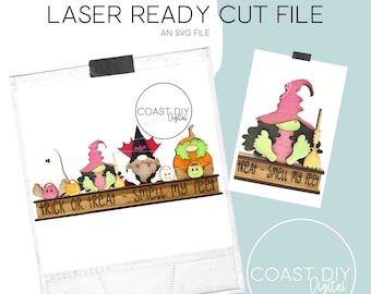 May include: A digital cut file for a Halloween gnome shelf sitter. The shelf sitter features five gnomes dressed as a ghost, witch, vampire, pumpkin, and a gnome with a broom. The gnomes are sitting on a wooden shelf with the text "Trick or Treat - Smell My Feet".