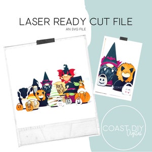 May include: A digital cut file featuring a group of Halloween gnomes with various costumes and accessories, including a witch, a vampire, a pumpkin, and a ghost. The gnomes are holding trick-or-treat bags and a sign that says "Trick or Treat".