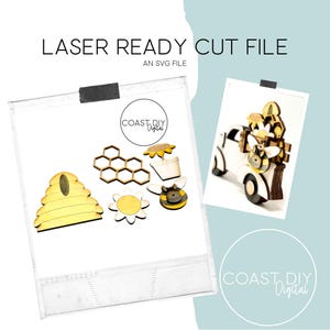 May include: Laser cut file design for a bee-themed truck with a honeycomb, flower, and beehive. The design is perfect for creating wooden crafts.