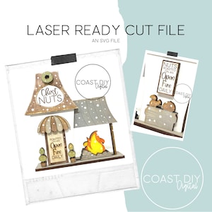 May include: Laser cut file design for a wooden sign that says "Chest Nuts" with a fire pit and a sign that says "Roasted on an Open Fire Daily".