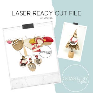 May include: A set of laser-cut SVG files for crafting baseball-themed decorations. The designs include a baseball bat, a baseball cap, a baseball, a banner, and several ornaments with baseball-themed text, such as "Mom" and "Raise Ballers".