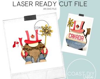 May include: Laser cut file of a Canadian gnome holding a sparkler and a Canadian flag. The gnome is wearing a red hat with a Canadian flag on it and blue jeans. The gnome is sitting down. The file is labeled "COAST DIY Digital".