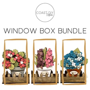 May include: A set of three window box planters with wooden fences. The planters are filled with colorful flowers, including pink and purple hyacinths, blue hydrangeas, and red geraniums. The planters are labeled with the names of the flowers.