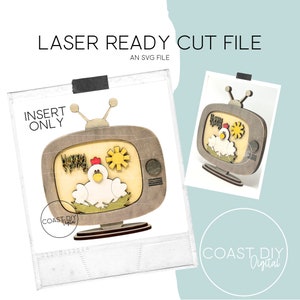 Peut inclure: Fichier de découpe laser en bois représentant un téléviseur rétro sur le thème du printemps. L'écran affiche une poule blanche, un soleil jaune et les mots "Happy Spring". Le design comprend une base et une antenne, parfait pour les projets DIY. Le texte "LASER READY CUT FILE" est en haut.