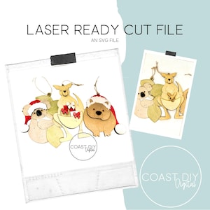 May include: Laser-ready cut file of wooden Christmas ornaments. The ornaments show a koala, kangaroo, and a bear, each wearing a Santa hat. The image includes the text "LASER READY CUT FILE" and "AN SVG FILE".