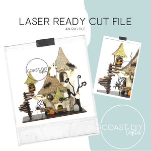 May include: A laser cut file for a Halloween haunted house with a spooky green roof, a spiral staircase, and a pumpkin. The file is ready to be cut on a laser cutter. The text "The Eternal Haunt" is on the front of the house.