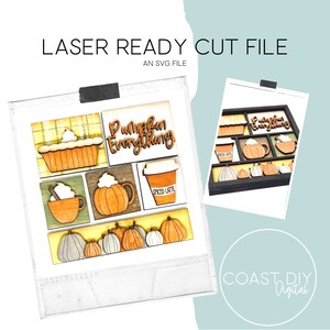 Könnte beinhalten: Eine digitale Schnittdatei für ein Herbst-Bastelprojekt. Das Design zeigt einen Kürbis, einen Kuchen, eine Kaffeetasse und den Text "Pumpkin Everything".
