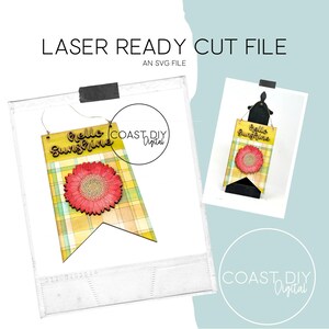 May include: A laser cut SVG file for a wooden sign with the text "Hello Sunshine" in a yellow and green plaid pattern with a pink flower in the center.