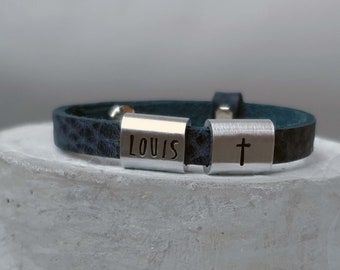 Kommunion Armband Leder personalisiert mit Namen Kreuz, in Farben wie Blau und Schwarz, auch Geschenk zu zum Geburtstag, zur Taufe