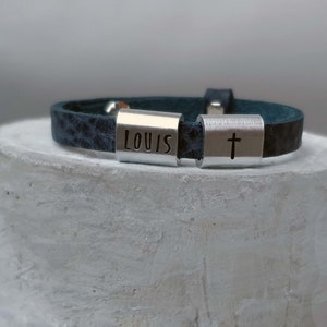 Communion bracelet leather personalized with name and cross, gift for boys in colors like blue and black, birthday, baptism