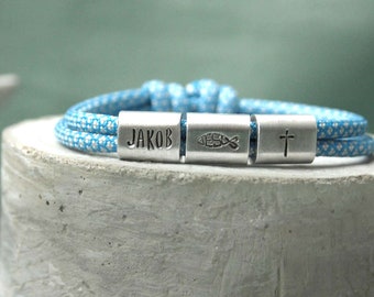 Personalisiertes Armband Jesus Fisch Symbol, Geschenk Kommunion, Firmung, von Hand gestempelt,  Taufe,  in vielen Farben vorhanden