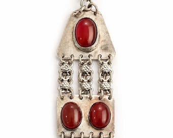 Vintage Yemenite Silver Pendant Carnelian Cabochon Sterling 925 Israeli 1950s Ethnic Statement Necklace Charm Large
