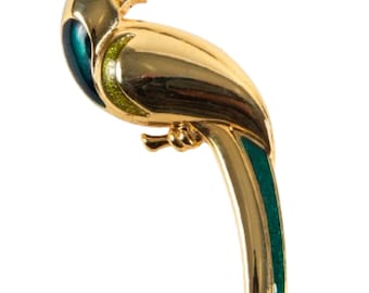 Vintage Parrot Brooch, Gold Tone Enamel Bird Pin, Tropical Jewelry, Colorful Bird Gift