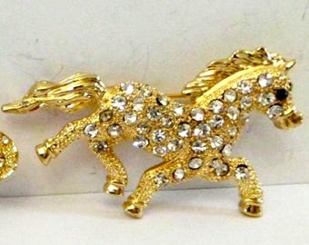 Vintage goldfarbene laufende Pferdebrosche mit Strass - Reiterschmuck
