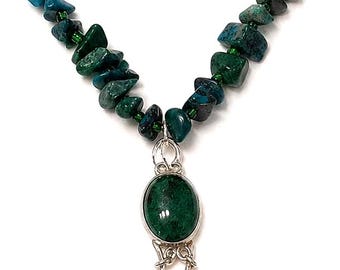 Vintage Eilat Stone Necklace Sterling Silver 925 Handmade Israel 1960s Green Gemstone Pendant Statement Jewelry