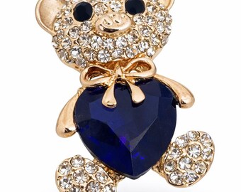 Vintage Teddy Bear Brooch with Blue Heart Rhinestone, Gold Tone Pin