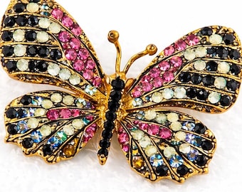 Vintage Butterfly Brooch Swarovski Crystal Gold Tone Rhinestone Pin Colorful Statement Jewelry Gift for Her Mothers Day Gift