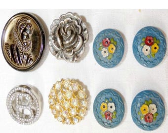 Rare Antique & Vintage Button Lot of 8 | Glass Button, Crystal Monogram B, Floral Celluloid, Silver Rose | Collectible Sewing Buttons