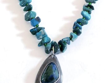Vintage Eilat Stone Necklace Sterling Silver Pendant Handmade Israeli Jewelry Turquoise Blue Green Gemstone Statement Necklace 60 cm